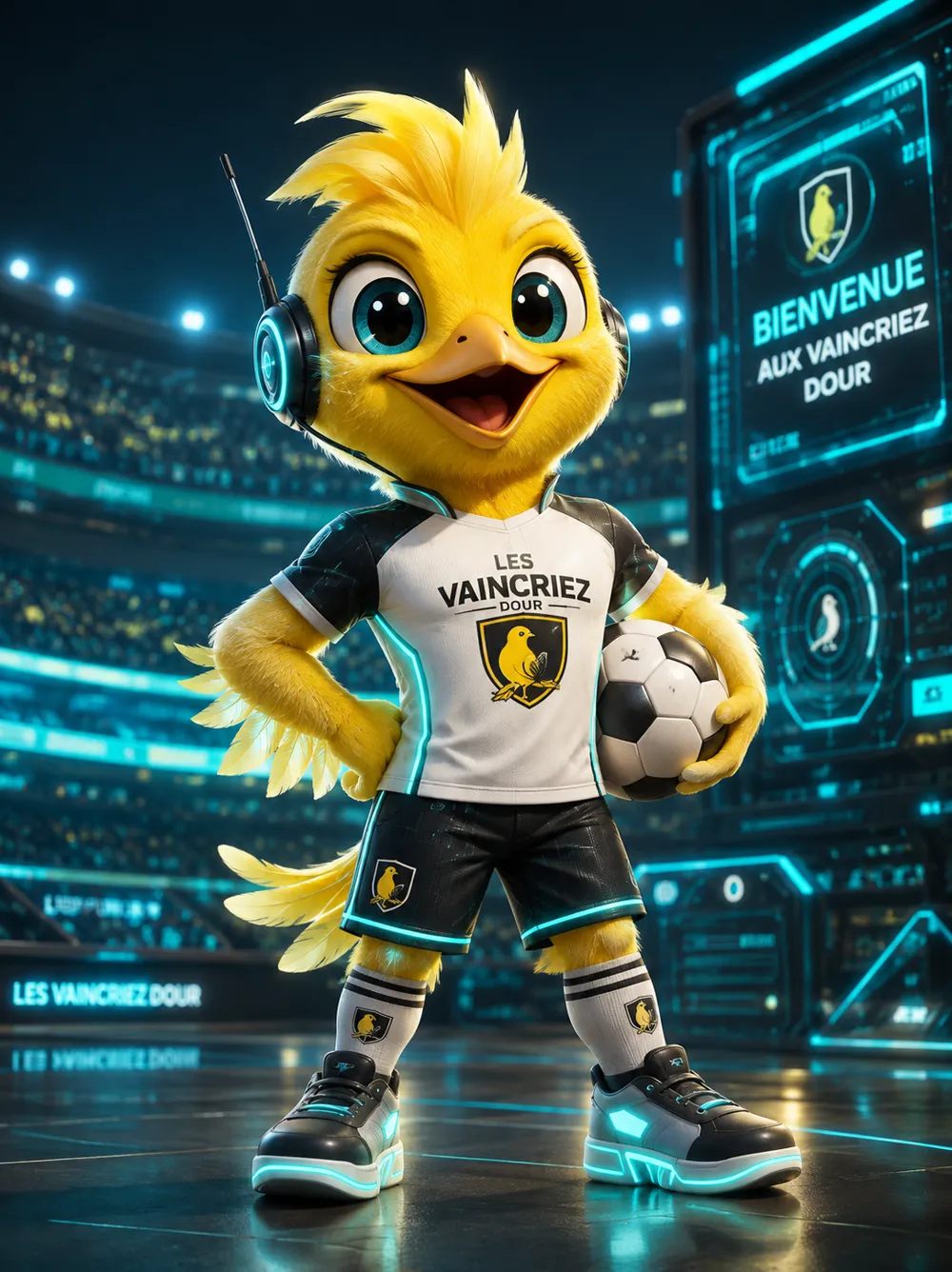 La mascotte futuriste du Tour de Dour dans un stade