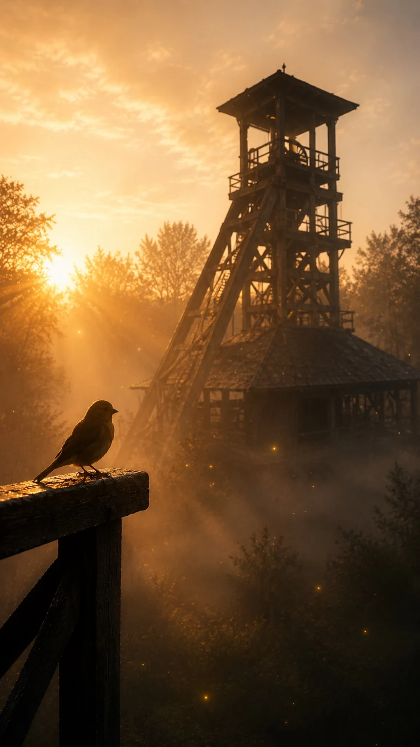 Le canari originel de Pépite devant le chevalement minier